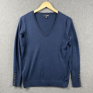 a.n.a. Navy V-Neck Sweater Women’s M Cotton Blend Button Cuff